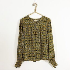 Happy‎ Nature Kate Hudson Medium Geometric Yellow Blue Balloon Sleeve Blouse Top